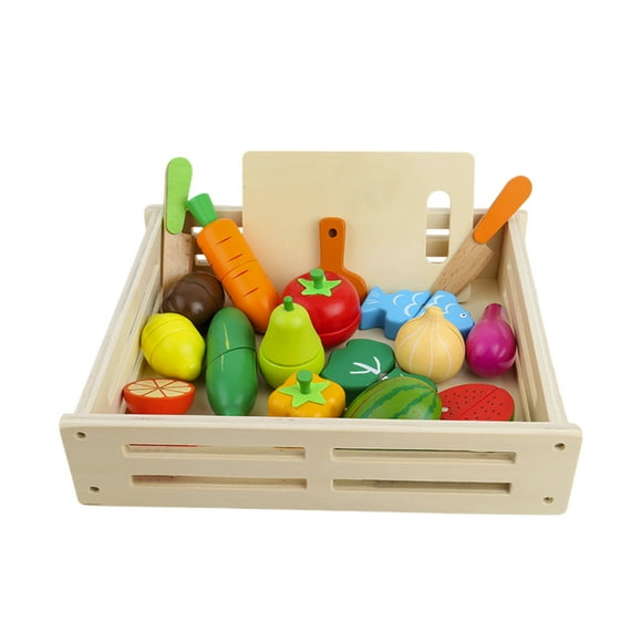 LITTLE TOYS 17PCS Wooden Play Food For Kids Kitchen Pretend Cutting Food Toys With Wooden Tray Dishes And For Kids Pretend Play Food For Christmas Birthday Sensory Toddler Boy 3 Toddler Preschool Game