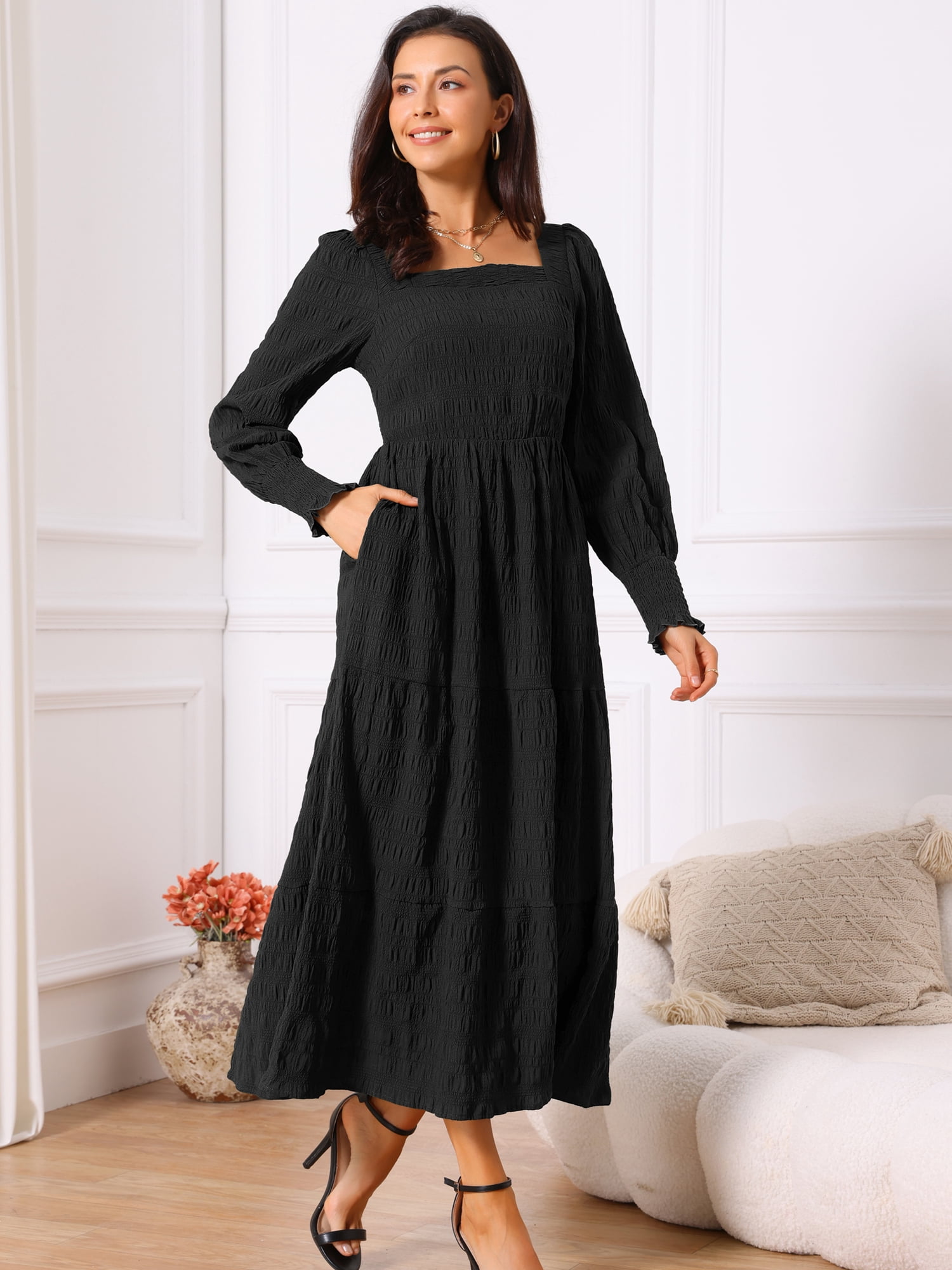 DARING DIVA Women's Long Sleeve Square Neck Flowy Tiered Maxi Dress M Black