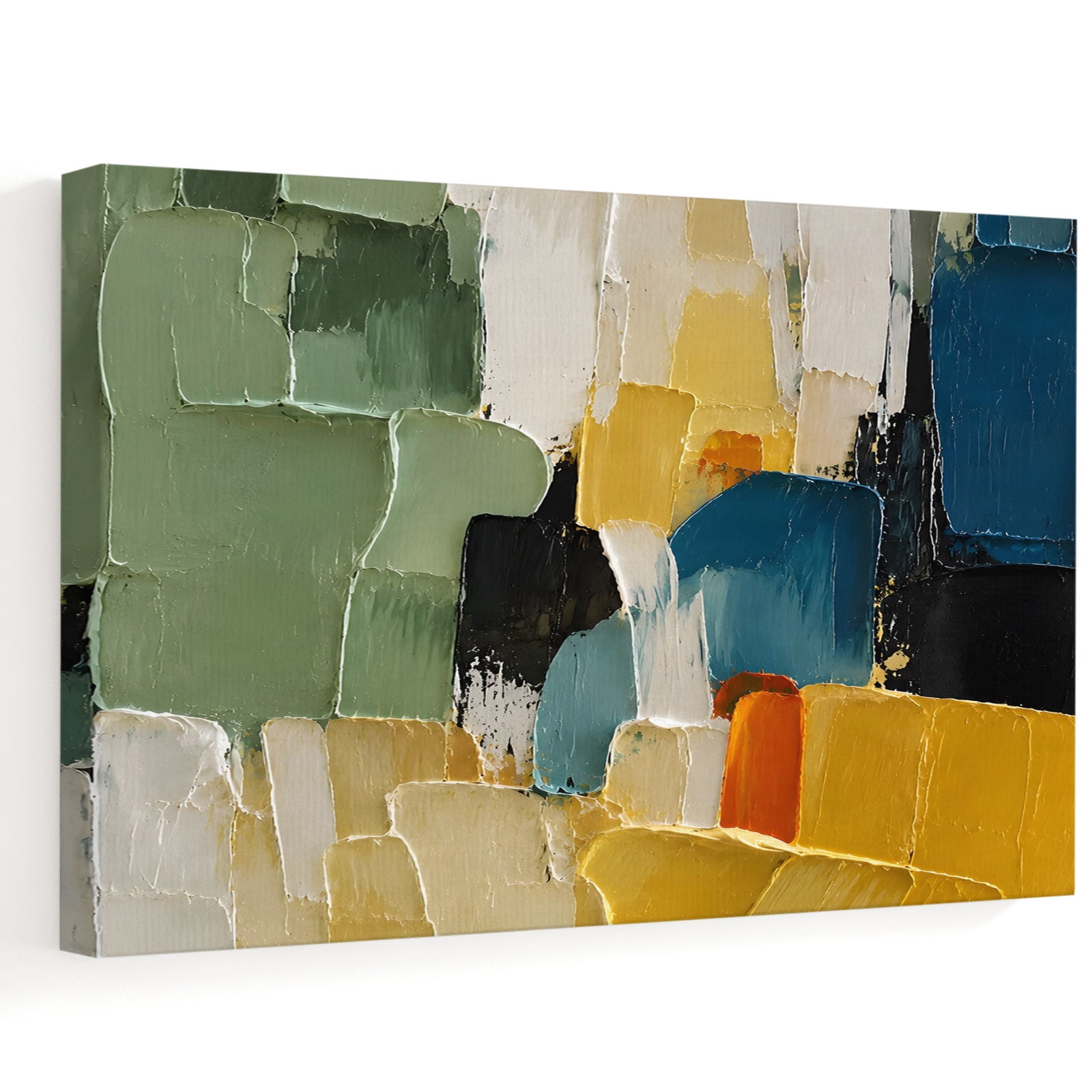 Oil Painting Patches Canvas Wall Art 12 x 8 Minimalist Abstract Green Yellow Blue Block Frame Picture Prints Ready to Hang Waterproof Artwork Decor for Bathroom Kitchen Corner Bedroom Entryway