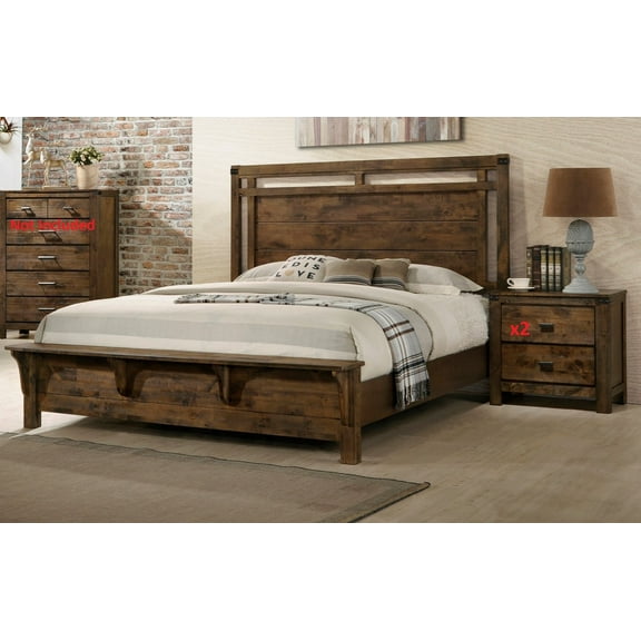3pc Contemporary Rustic Finish Queen Size Bedroom Set Bed and 2x Nightstand Wooden Home Furniture