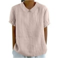 thumbnail image 3 of Dazajoo Women's Summer Linen Tops Casual Short Sleeve Solid Color Basic Shirts Loose Fit Crewneck Lapel Collar Blouses,Pink,L, 3 of 7