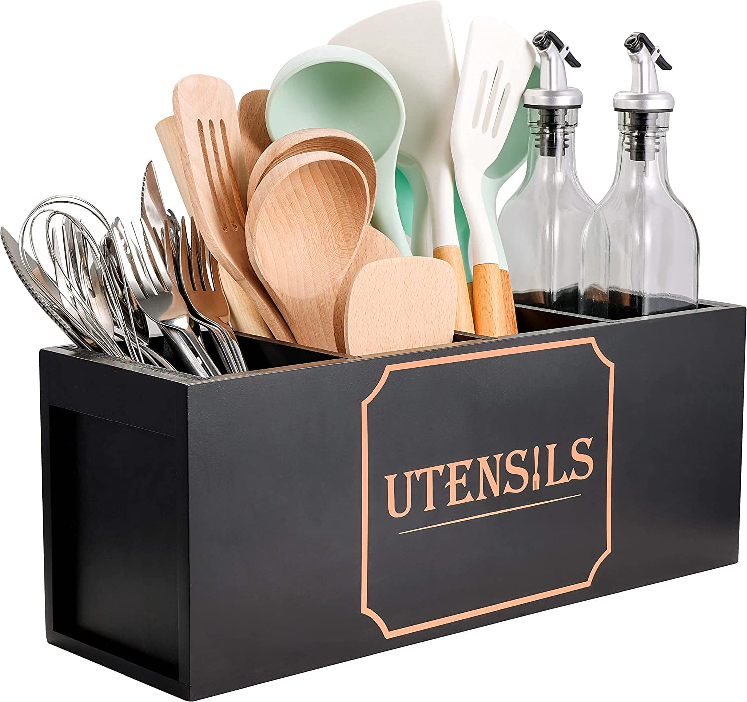 Extra Large Utensil Holder with 4 Compartments, Wooden Farmhouse