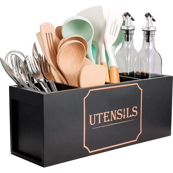 Extra Large Utensil Holder with 4 Compartments, Wooden Farmhouse Utensil Organizer for Kitchen Counter, Rustic Cooking Utensil Crock Countertop Utensil Caddy Spatula Holder (Classic Black)