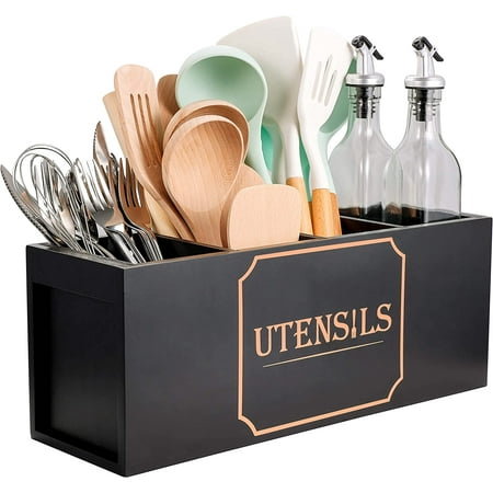Extra Large Utensil Holder with 4 Compartments, Wooden Farmhouse Utensil Organizer for Kitchen Counter, Rustic Cooking Utensil Crock Countertop Utensil Caddy Spatula Holder (Classic Black)