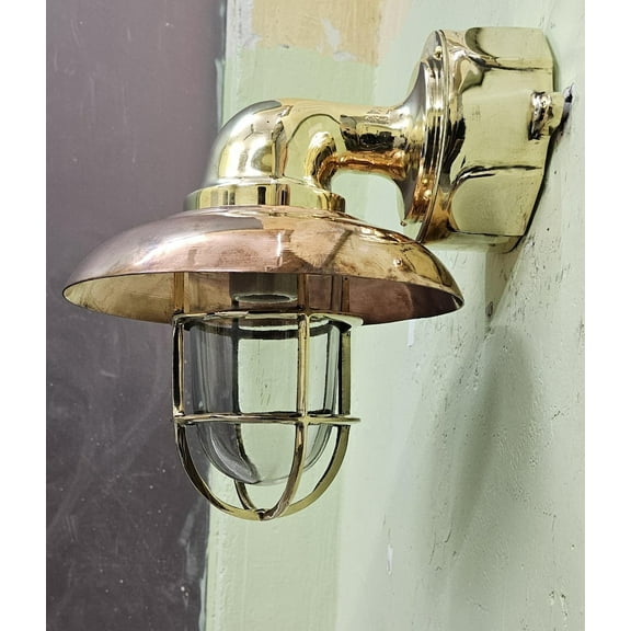 Brass & Copper Nautical Bulkhead Wall Sconce – 11” Marine Cage Light for Bathroom, Porch, or Outdoor Decor