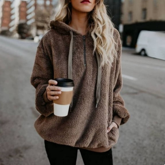 Women's Fleece Sweatshirts Casual Double Fuzzy Fluffy Hoodie Warm Stylish 1/4 Zip Pullover