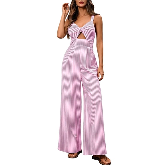 Women's Wide Leg Jumpsuits, Dressy Summer Striped Sleeveless Romper Cutout One Piece Beach Vacation Outfits