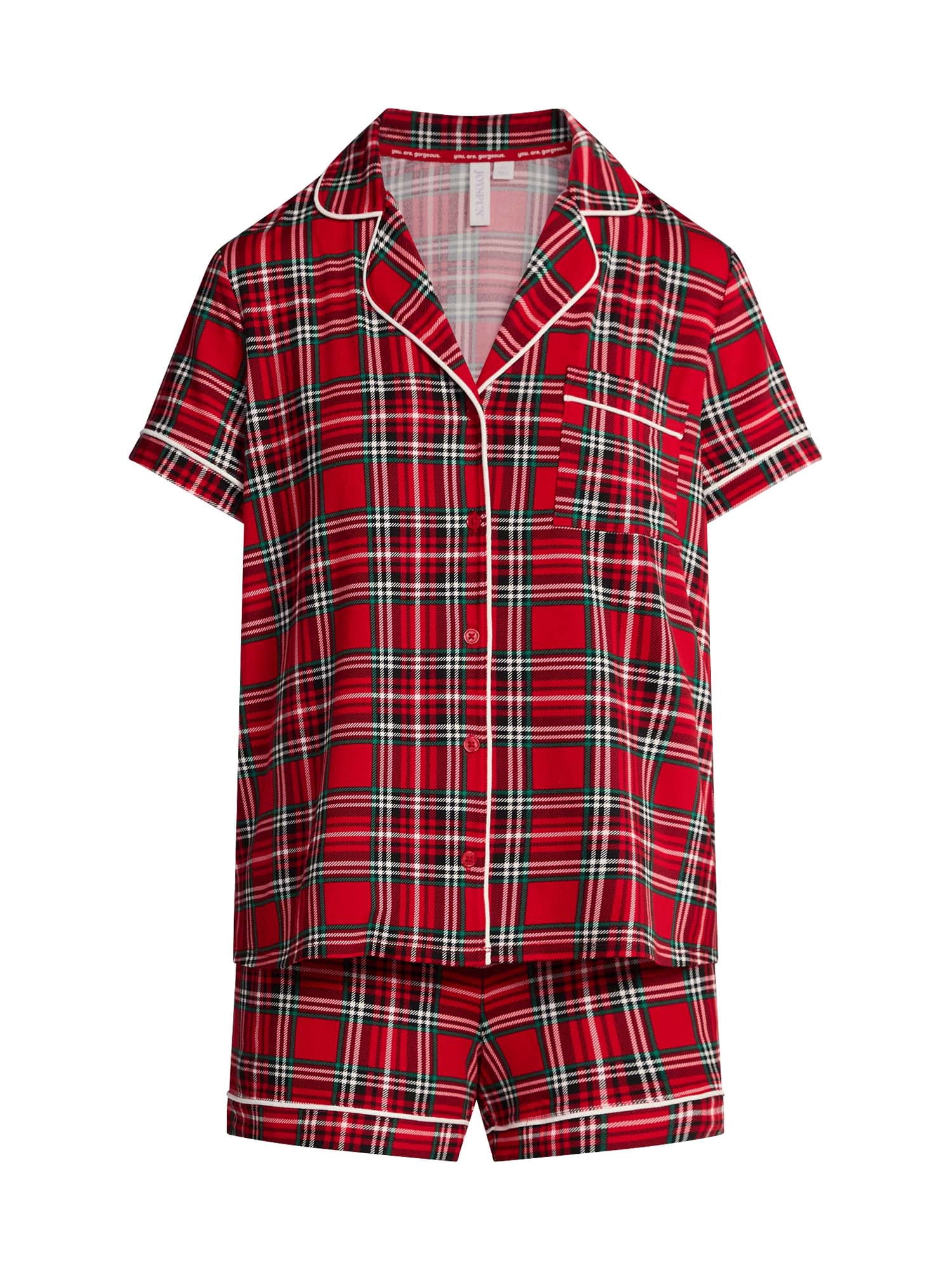Joyspun Women’s Dreamy Soft Collection Notch Collar Knit Top and Boxer Shorts Pajama Set, Sizes XS-3X