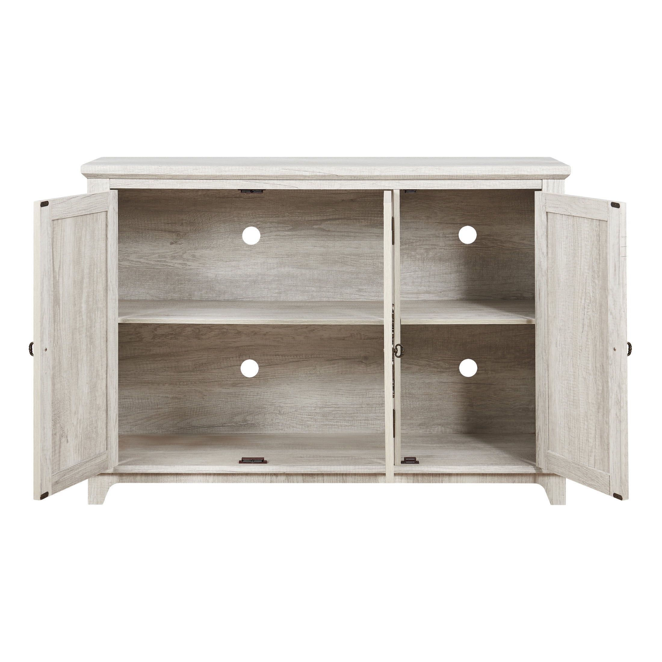 GDF Studio Danus 3-Door Acrylic Mirrored Sideboard Cabinet, Rustic Hollow-Carved Storage Cupboard for Kitchen, Light Gray