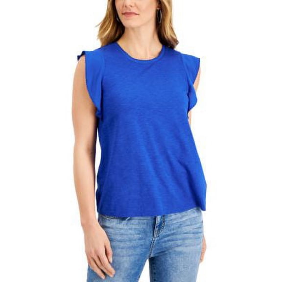 MSRP $34 Style & Co Mixed Media Flutter-Sleeve Top Blue Size XS