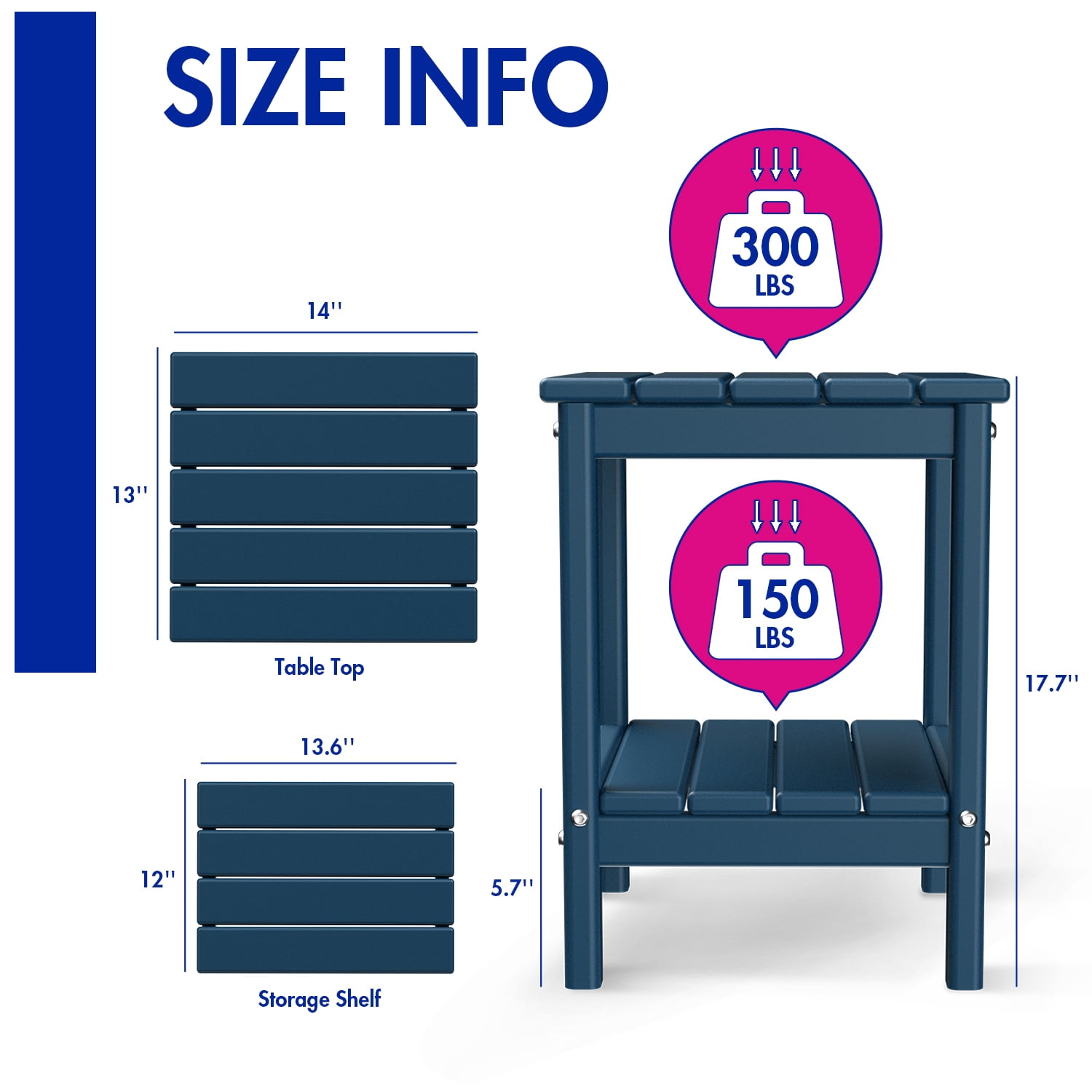 FODINGHILL 2-Tier Outdoor Side Table, HDPE All Weather Adirondack Patio Table with Storage Shelf, Outside End Table for Porch Backyard Indoor, Blue