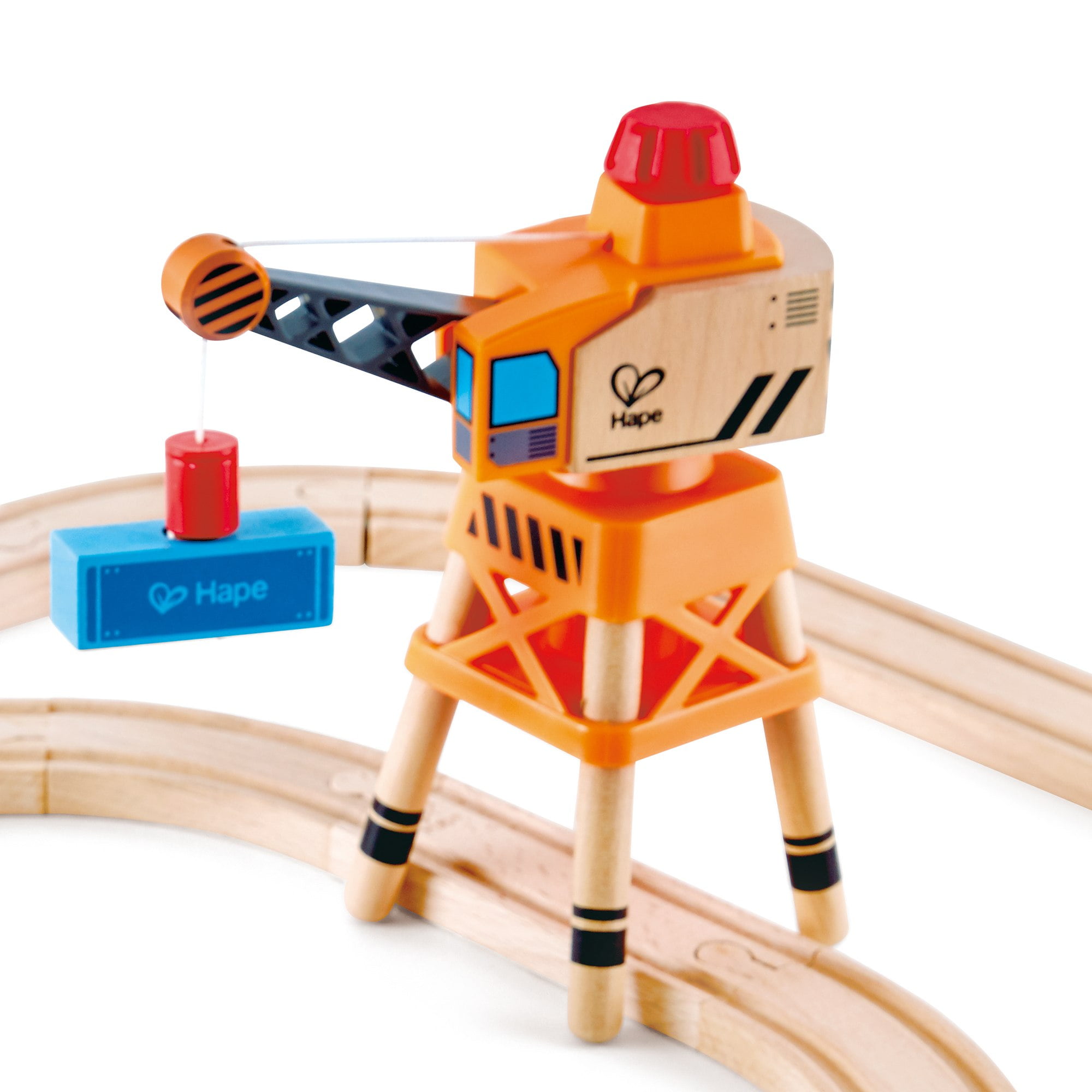 Hape: Crossing & Crane Set - 32pc Wooden Train Cargo Railroad Yard, Magnetic Linking Trains, Crane To Grab & Move Cargo, Accessories, Kids Ages 3+