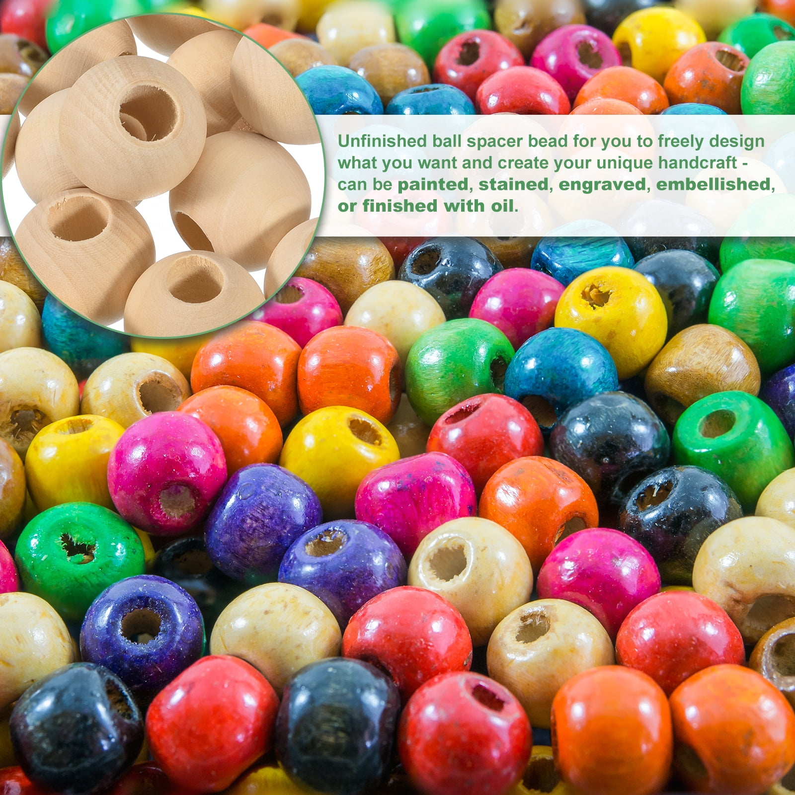 100Pack 30mm Natural Wood Spacer Beads, 15mm Large Hole Unfinished Round Wooden Beads