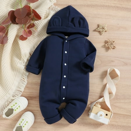 

NIUREDLTD Boys Girls Long Sleeve Solid Bear Ears Hooded Romper Jumpsuit Clothes