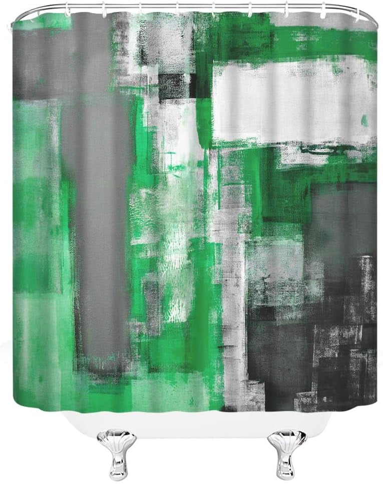 Abstract Green Shower Curtain Black Gray Brushstrokes Style Grunge Art Painting Modern Fabric Bathroom Curtains Decor Set,70" WX70 H
