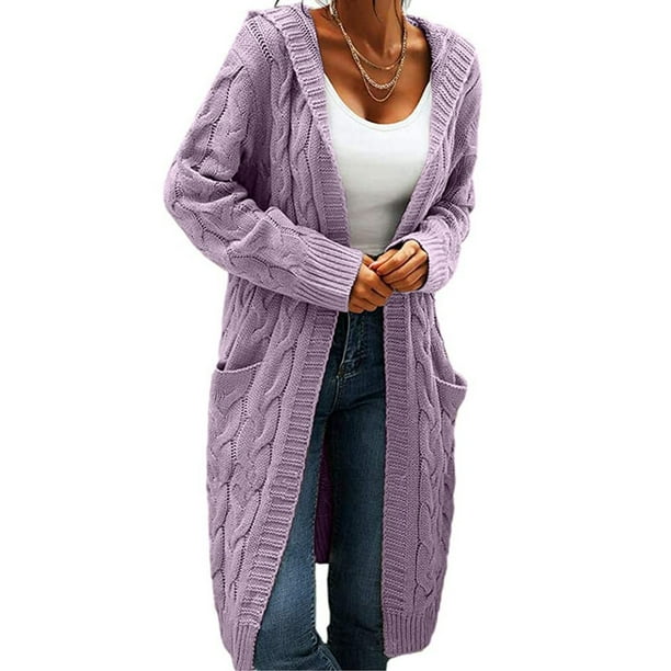 Delou Women's Hooded Cardigan Knit Sweater Solid Thick Long Sweater