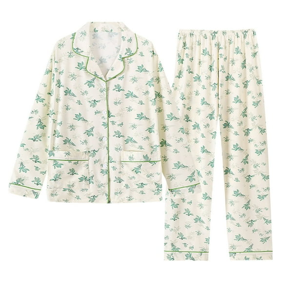 VISALY Womens Pajama Sets Button Down Pajamas Fashion Print Pajamas Spring Fall Long Sleeve Shirts Long Pants Cotton Set Loose Large Home Clothes Blue L