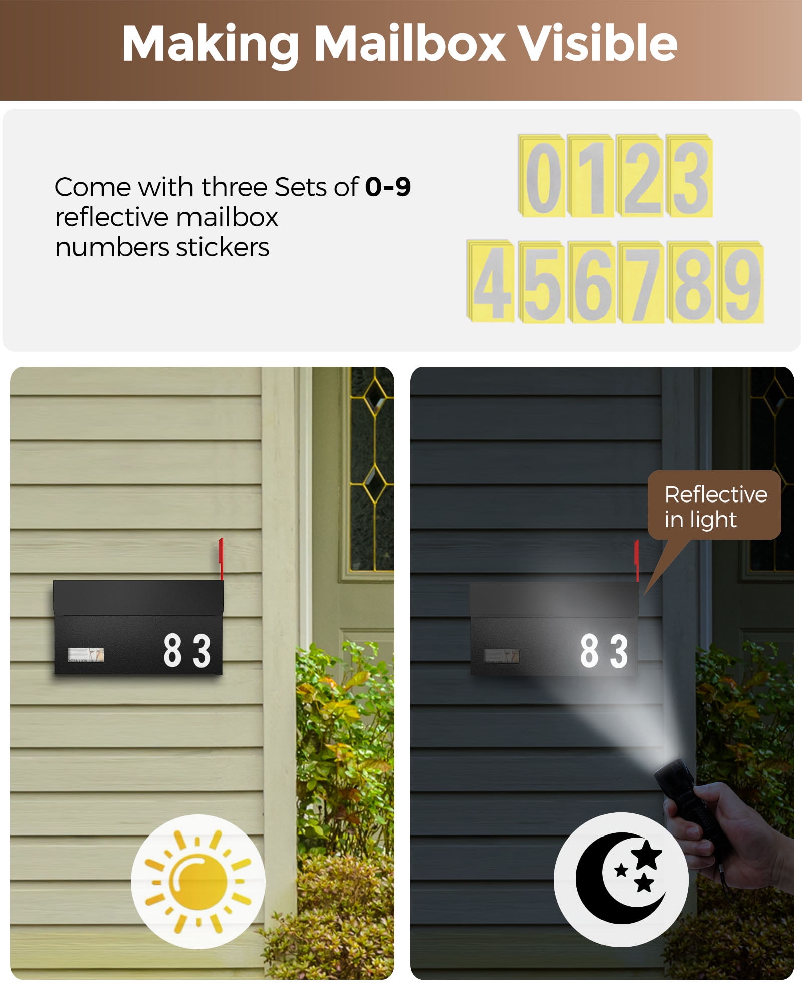 Modern Mailboxes for Outside, Metal Wall Mount Mailbox, with One Flag Kit and Three Sets of Mailbox Number Stickers, 3.9"D×13"W×7.1"H, Rust Resistant Coating Mail Boxes for House, Black AMB06B