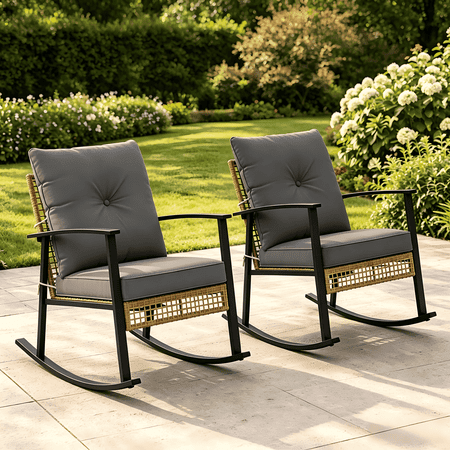 Condition photo showing New/Like New for deersky outdoor rocking chairs set of 2 patio wicker rocking chair with soft cushions for porch backyard balcony garden