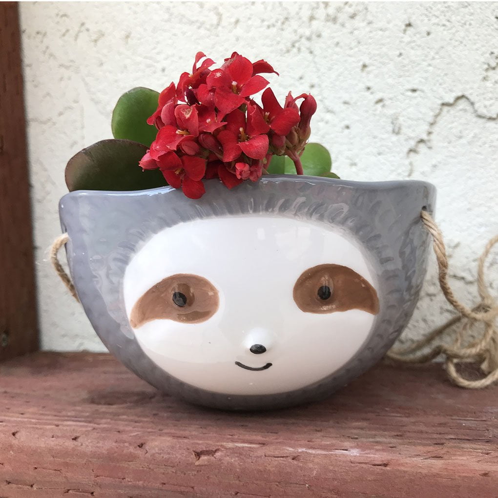 Sloth Hanging Planter  Succulent Plant Pot Indoor Outdoor Ceramic Animal Planters Pots Flowerpot Container 1, Grey-Sloth Face