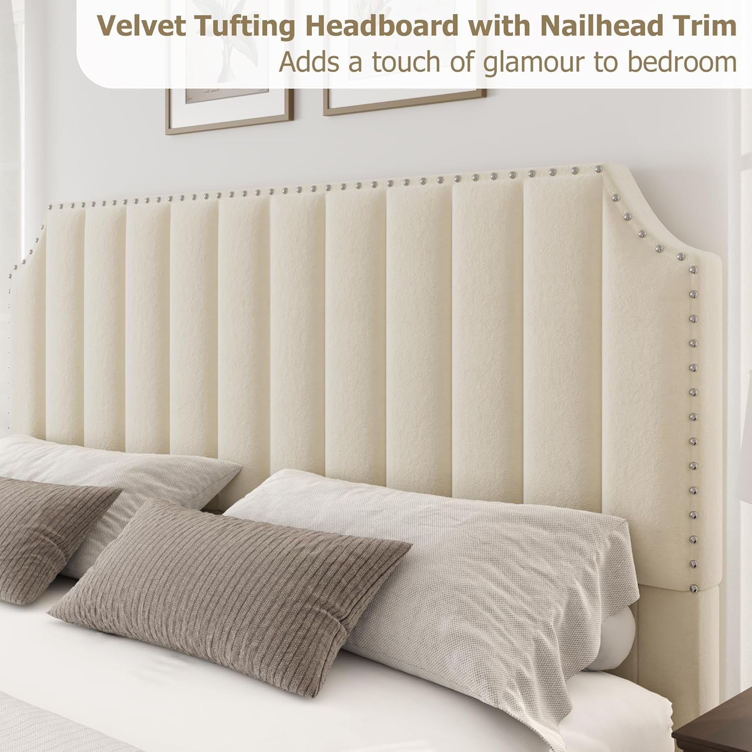 Yesurprise King Size Platform Bed Frame with 50.2Inches Headboard, Velvet Upholstered Bed Frame King with Vertical Channel Tufted Headboard & Footboard, Nailhead Trim, No Box Spring Needed
