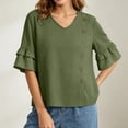 thumbnail image 7 of Ashirexll Short Sleeve Shirts for Women Summer Solid Color V-Neck Three Quarter Pleated Sleeve Button Down Slit Top T-Shirt, 7 of 7