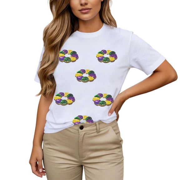 Fiaer Women's Carnival Summer Short Sleeve Tops Mardi Gras Sequin Printed T Shirts Casual Basic Graphic Rave Tees 04-White XL