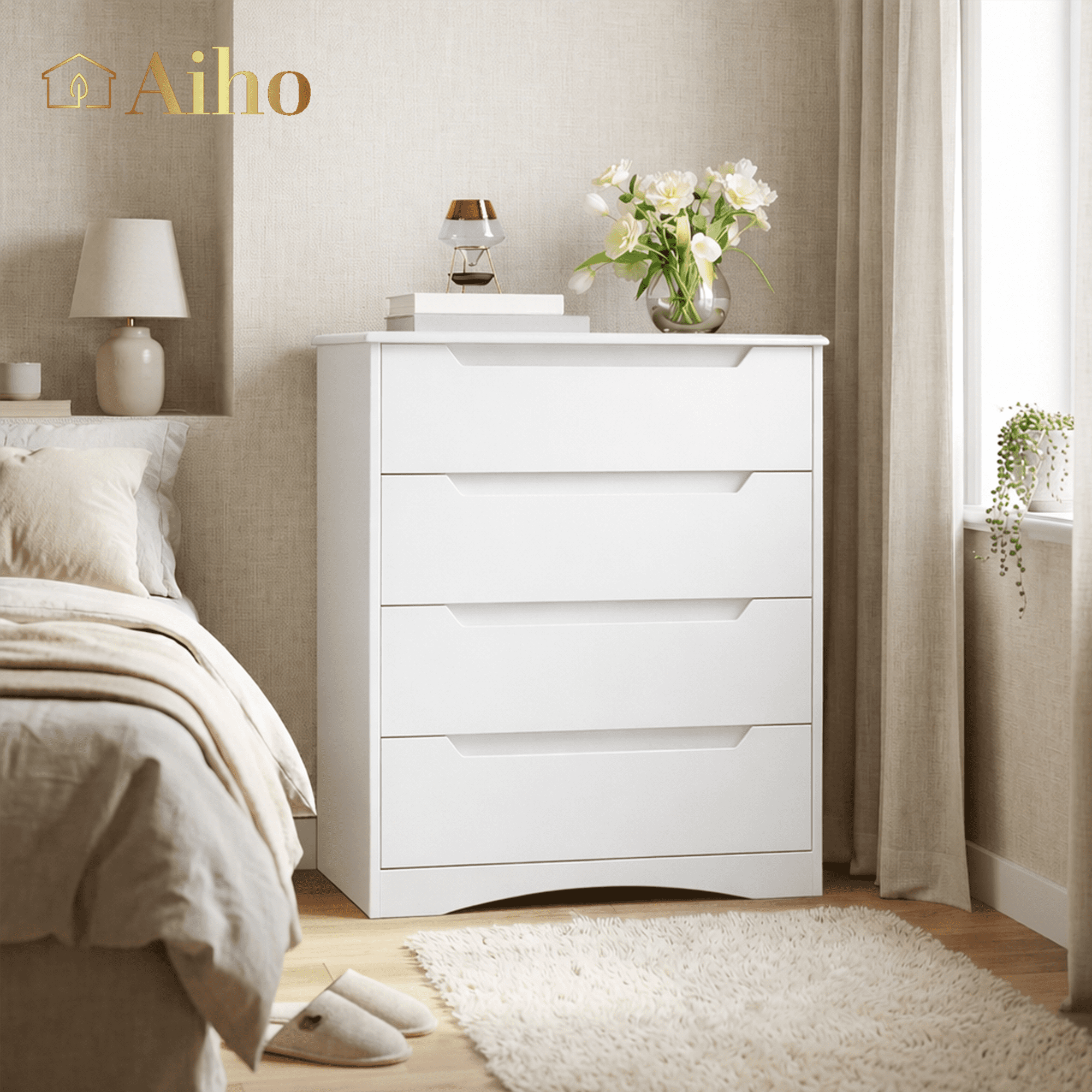 4 Drawer Dresser, Modern Wooden Storage Chest with Embedded Handles, Anti-Tip Safety Device, White Finish Bedroom Organizer for Living Room Kids Room