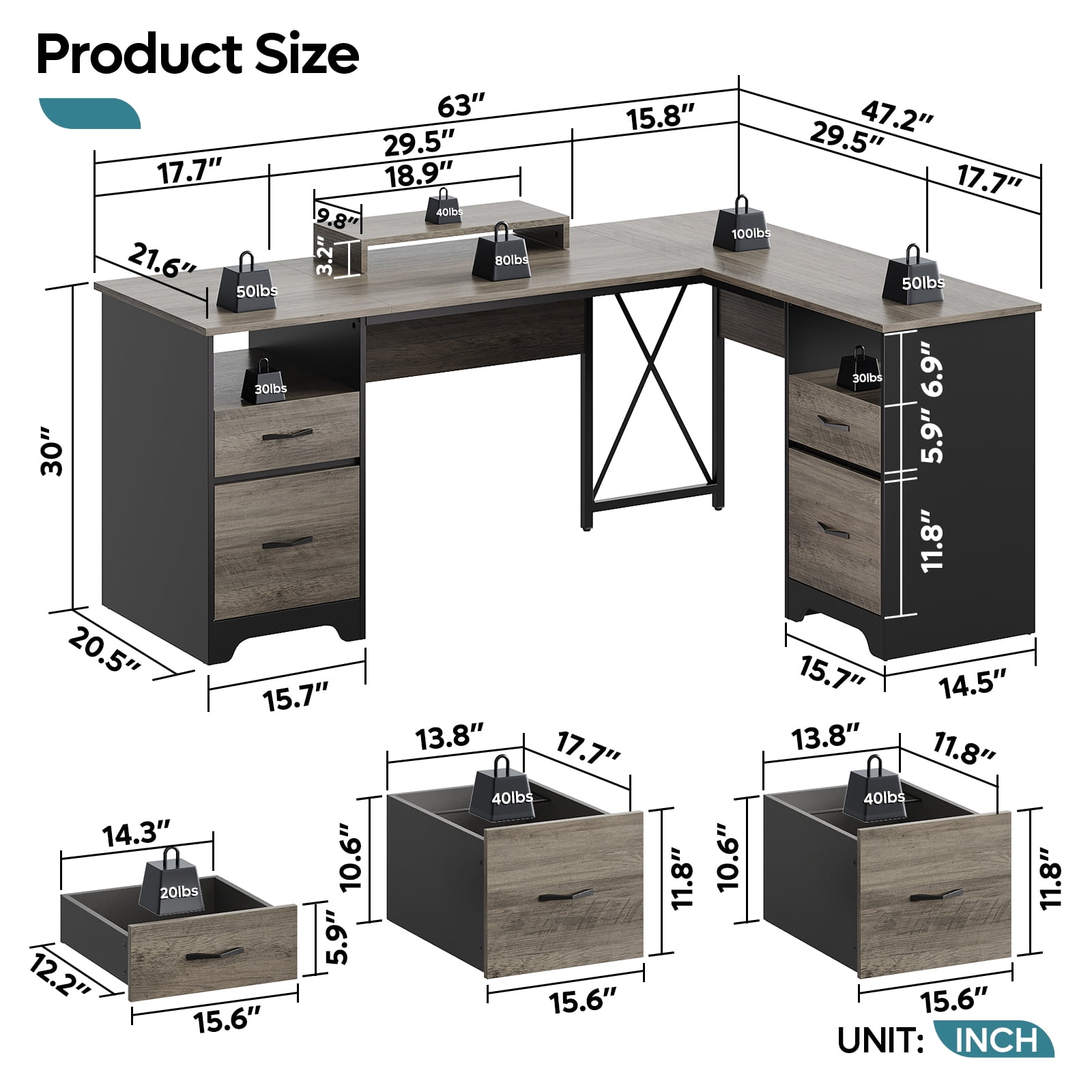 Bestier L Shaped Desk with 4 Drawers, 63" x 47" Executive Office Desk with Monitor Stand, Gray