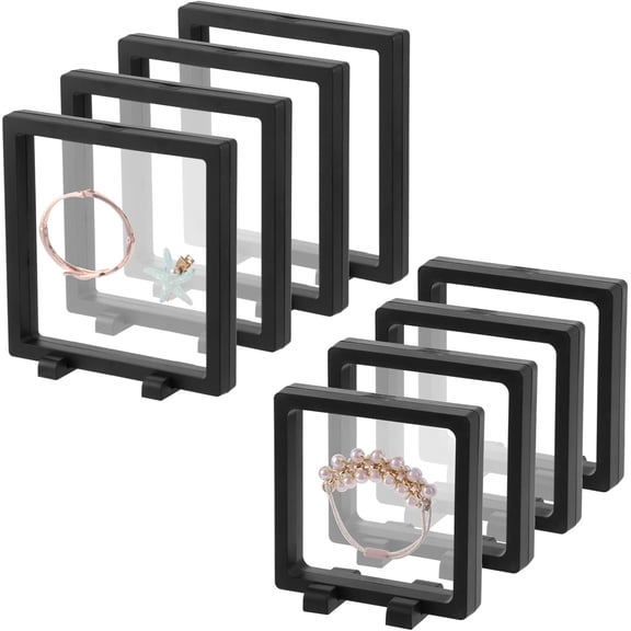 Set of 8 3D Floating Frame Display Holder Stands, Transparent PE Film Freeze Suspension Display Case Box for Jewelry Collectibles Challenge Coins (Black-4.3x4.3,6.3x6.3)