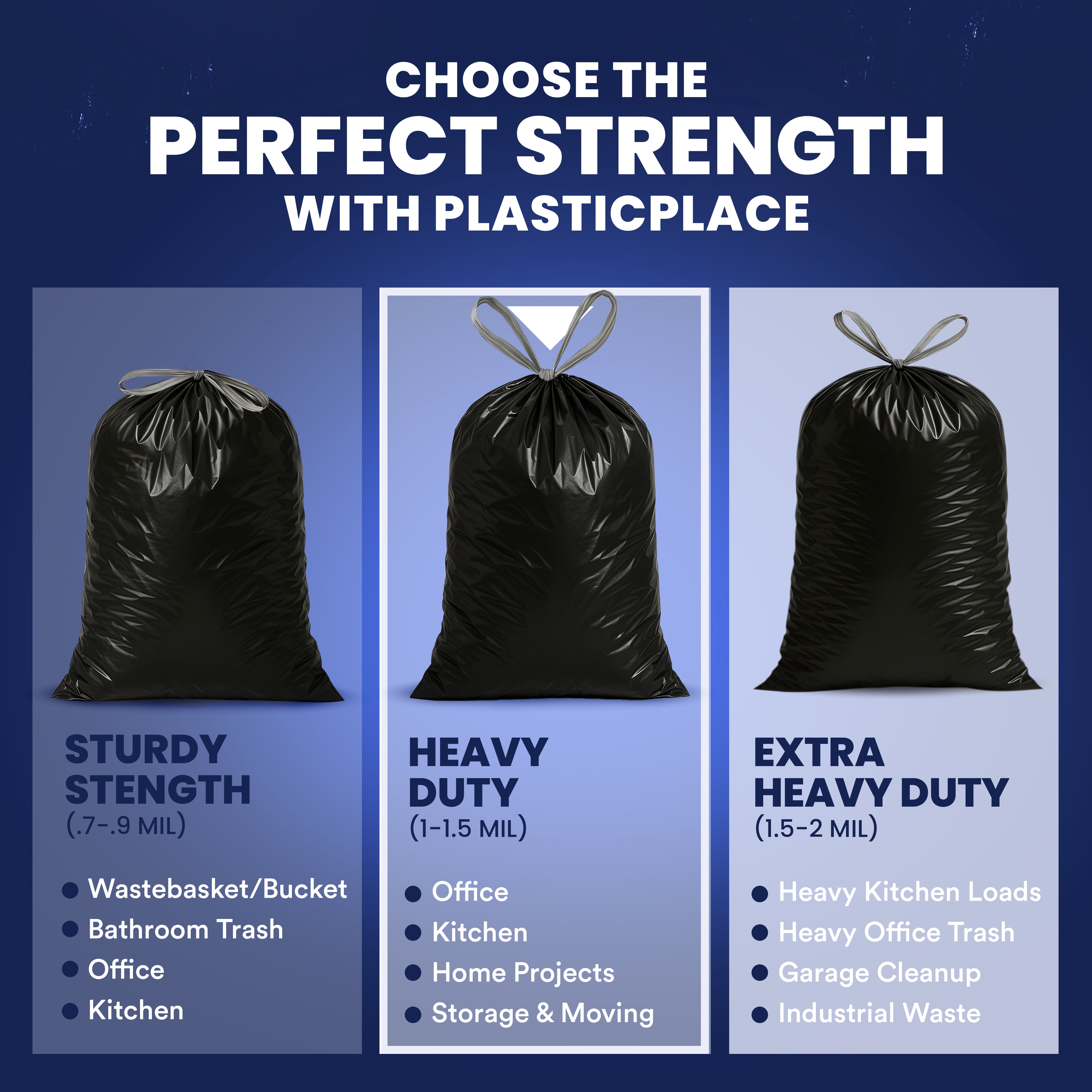 Plasticplace 13 Gallon Extra Tall Drawstring Kitchen Trash Bags | Black 1.2 Mil, 24"W x 31"H (200 Count)