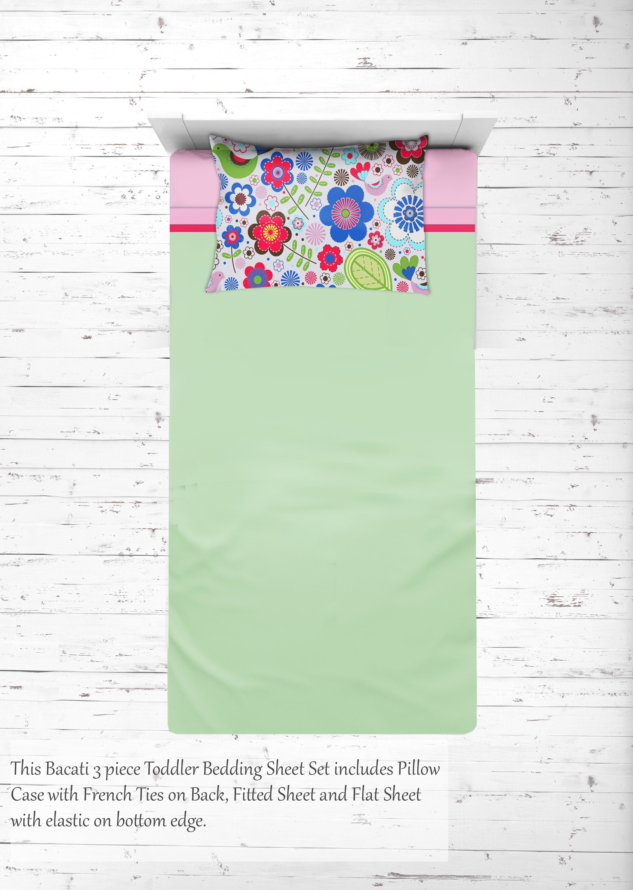 Bacati - Botanical 3-Piece 100% Cotton Percale Toddler Sheet Set, Pink