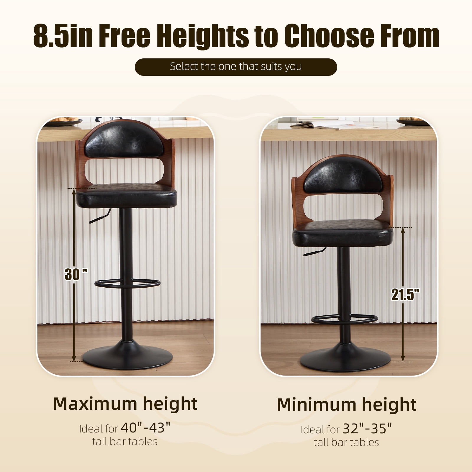 Homefun Swivel Bar Stools Set of 2,Wooden Upholstered Scratch-Resistant Fabric with Back,Chairs for Kitchen Island,Black