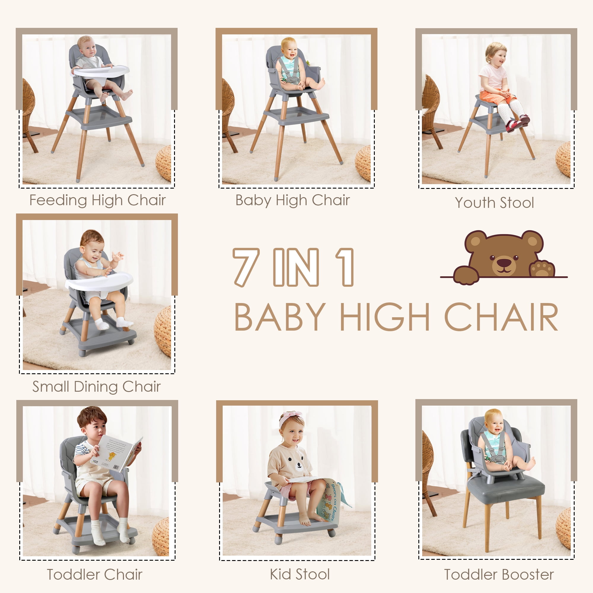 LINLUX Wood Baby High Chair, 7 in 1 Convertible Highchair, Infant Feeding Chair, Toddler Chair Gray