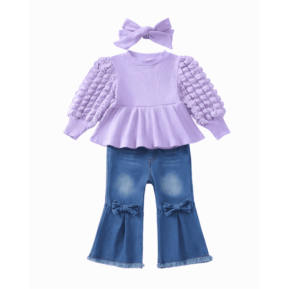 Girls Clothes Size 4T Winter 5T Soft Puff Long Sleeve Warm Purple Pullover Sweatshirt Cute Bow Bell Bottom Ruffle Denim Pants 4-5T Little Girl Outfits For Baby Girls With Bow Headband
