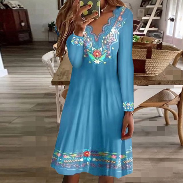 pstuiky Robes pour Filles, Mode Femmes Robe à Col en V Imprimée à Manches Longues Patchwork Décontractée Longueur Genou Robes Décontractées Liquidation