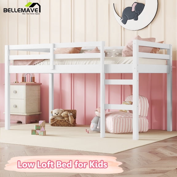 Bellemave Twin Low Loft Bed with Storage, Wooden Loft Bed with Ladder and Guardrails, Kids Loft Frame with Strengthened Slats (Twin, White)