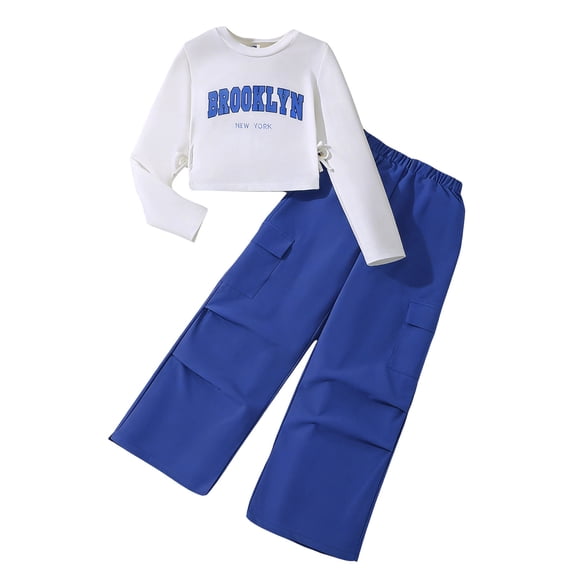 Gunia Cute Outfit For Girl Toddler Casual Long Sleeve Letter Print Sweatshirt With Wide Leg Cargo Jogger Pants Autumn Winter Fashion Comfy Clothes Set Kids Girls Spring Summer Outfits 7-12 Years