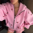 thumbnail image 4 of Women Cherry Print Zip Up Hoodie Long Sleeve Oversized Hooded Sweatshirt Y2k Jacket Pink L, 4 of 9