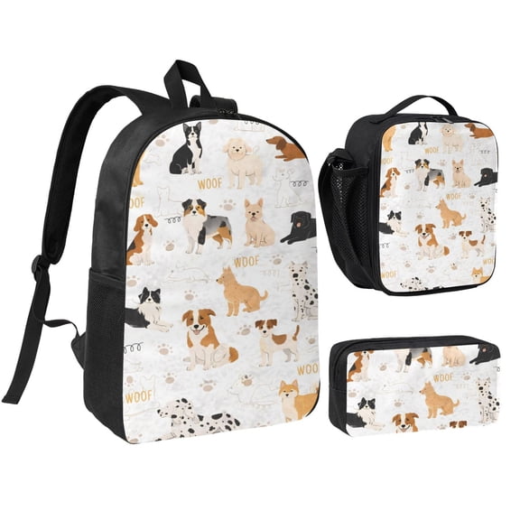 Dog Breeds Cute Puppy Print Pet Lover Backpack Set 3pc ，Backpack with Lunch Bag and Bag 17 Inch