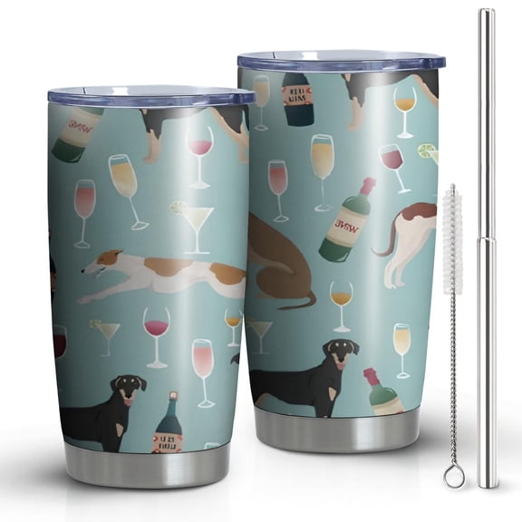 20oz Tumblers Dogs with Wine and Glasses Stainless Steel Vacuum Insulated Double Wall Travel Tumbler Cups Mug with Lid and Straw,Cleaning Brush for Cold & Hot Drinks