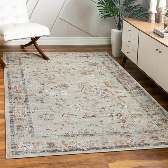 Superior Swan Floral Non-Slip Washable Indoor Area Rug, 10' x 14', Cream