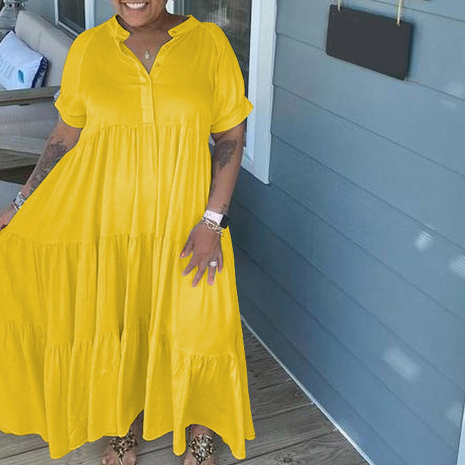 Womens Dress Summer Dress plus Plus Size Womens Fashion Casual Button Down Lapel Dress Adult Female Clothes Yellow Size XXL Walmart