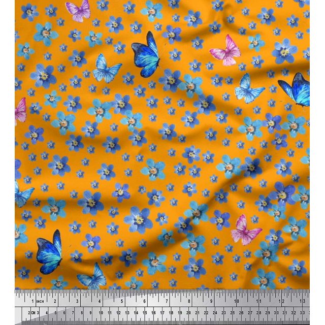 Soimoi Cotton Duck Fabric Butterfly & Flower Decor Fabric Printed Yard 56 Inch Wide