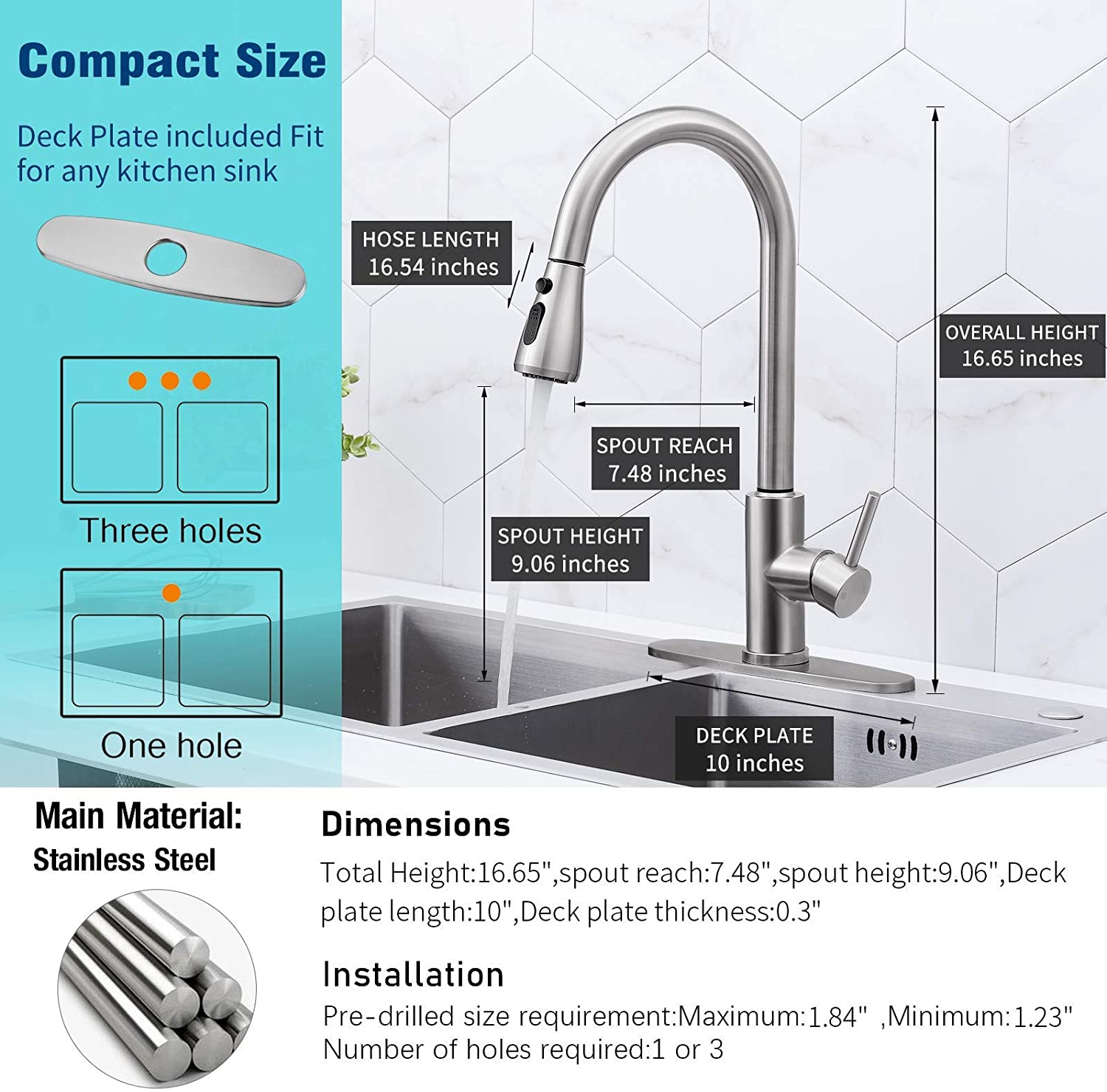 GPED Kitchen Faucet with Pull Down Sprayer, Stainless Steel photo 2