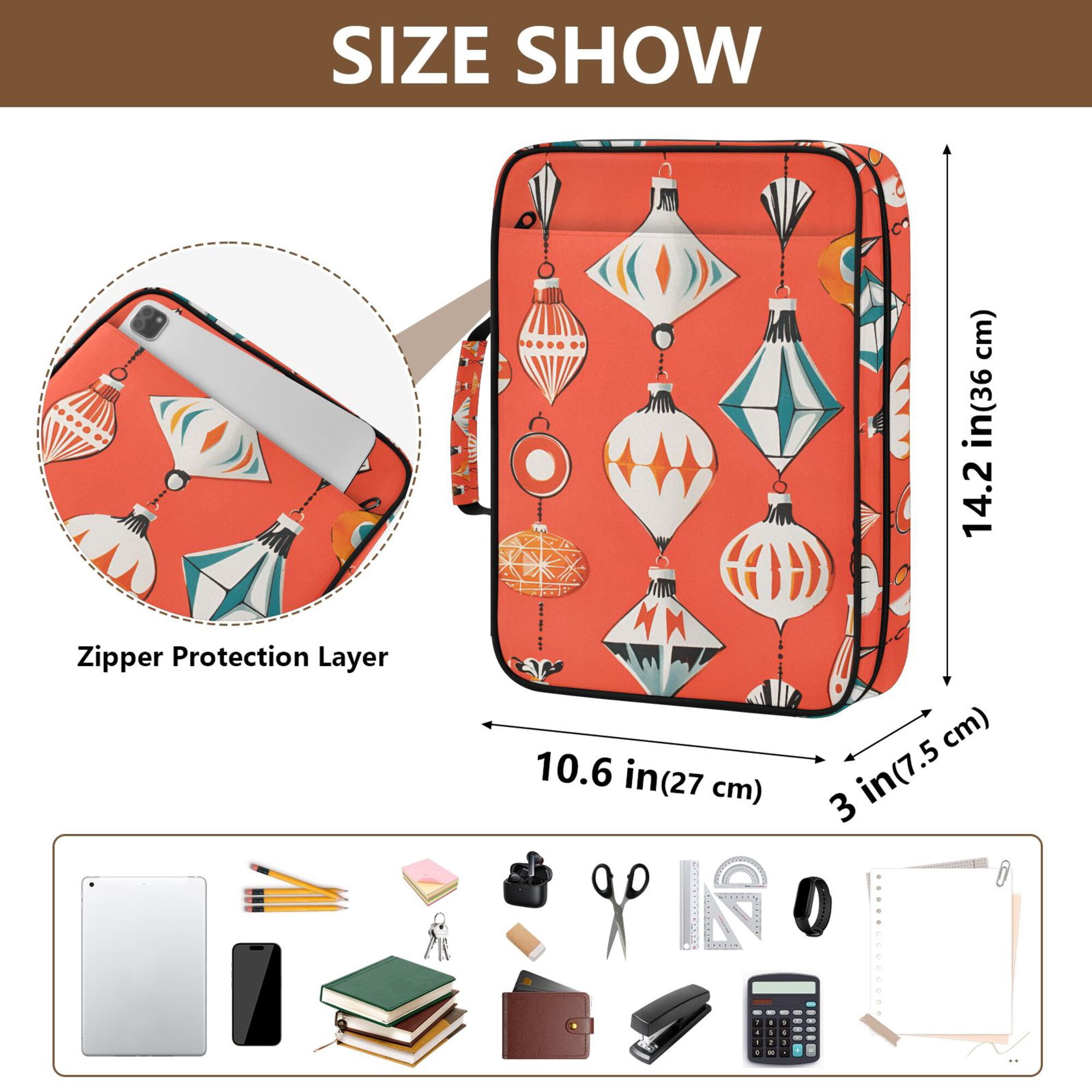 FORMRS Accordion File Folder A4 Size 7-Pocket Expanding Document Organizer Bag with 3 Ring Binder, Retro Christmas Ornaments Pattern