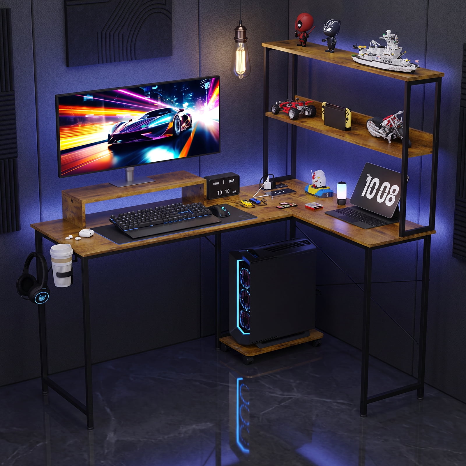 CLOUDREST PTO 53" L-Shaped Gaming Desk, Power Outlets & RGB LEDs, Brown