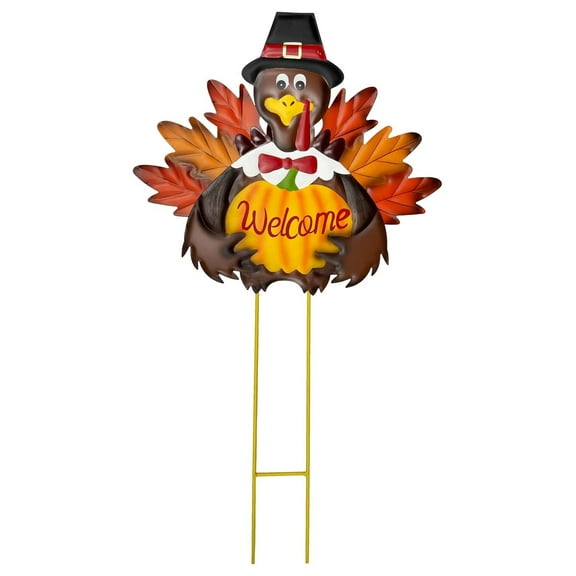 Metal Turkey Fall Harvest Outdoor Yard Stakes, Thanksgiving Turkey Pumpkin Yard Welcome Sign with Stake Outdoor Decoration