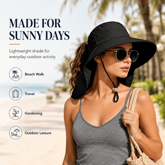 Outdoor Sun Hats for Women, Wide Brim UPF Protection Summer Garden Fishing Hat with Neck Flap, Dark