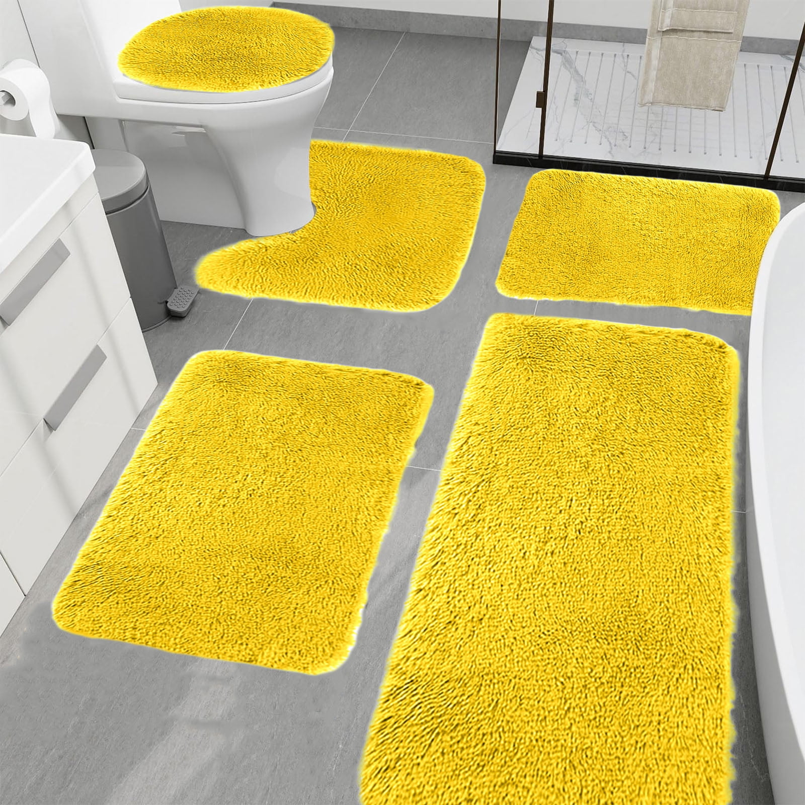 Solid Color Bath Mat 5-Piece Set, Non-Slip Water Absorbent Bathroom Rugs, Soft & Comfortable, Machine Washable for Home & Restroom Use